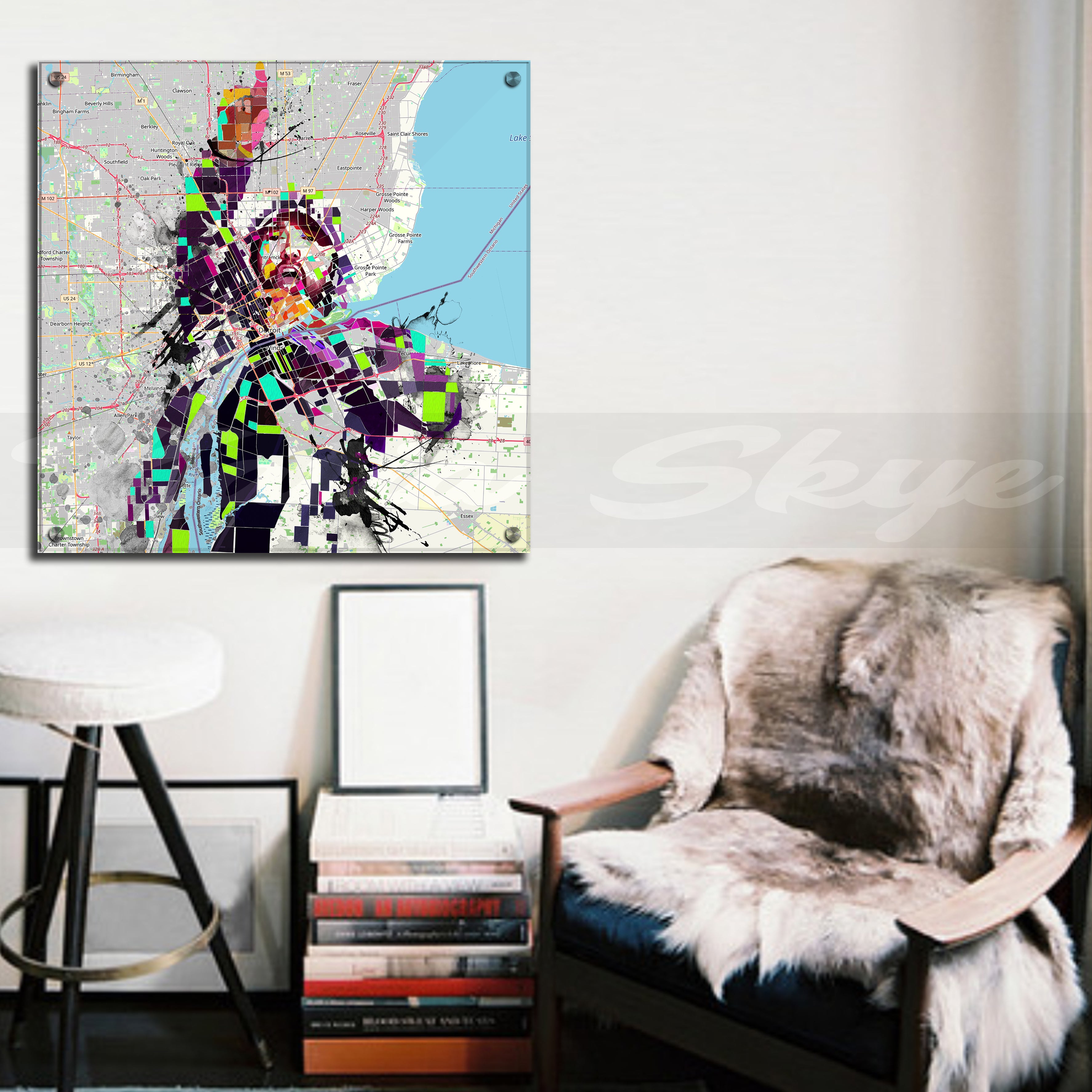 Abstract portrait of Eminem over a Detroit map – colorful hip-hop art print