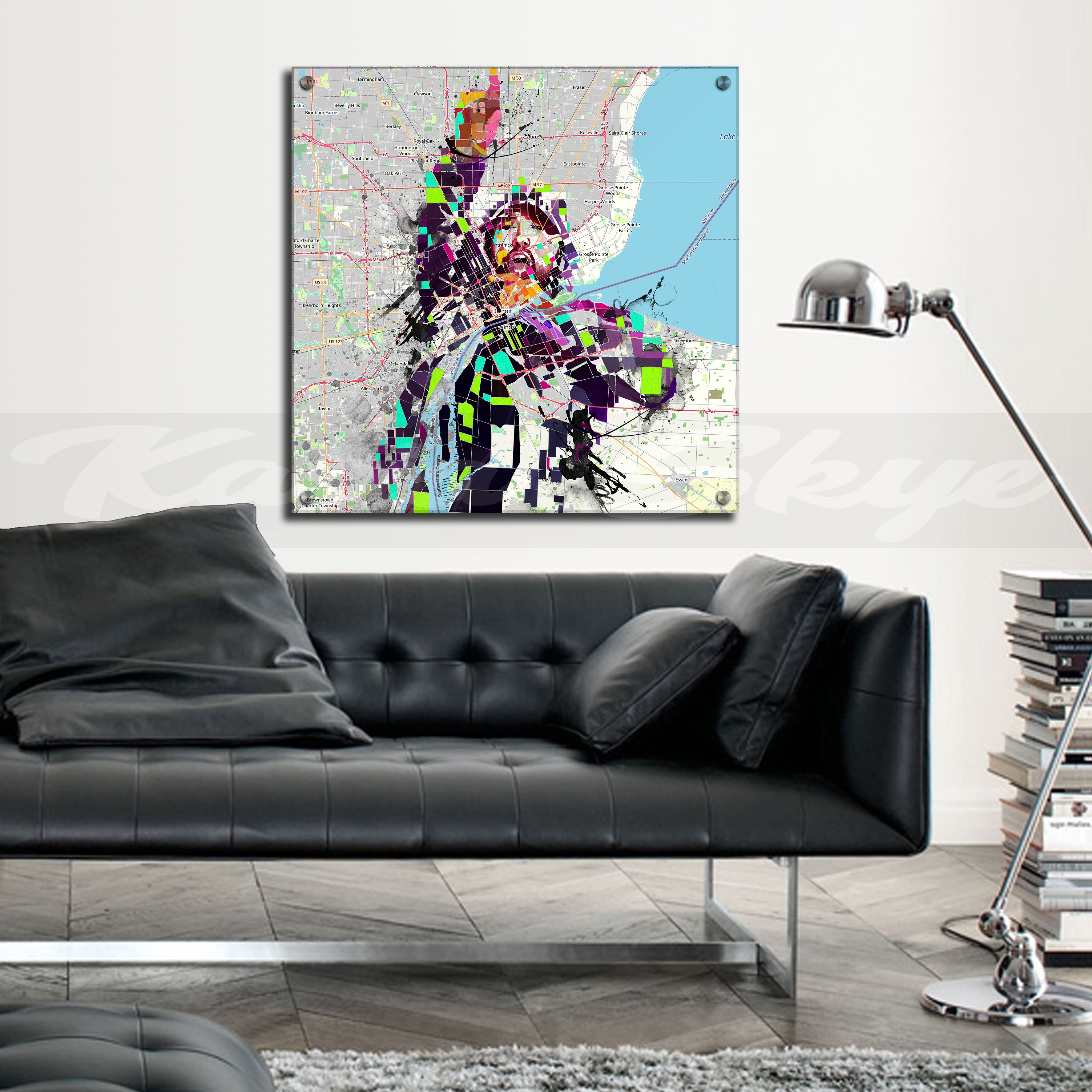 Abstract portrait of Eminem over a Detroit map – colorful hip-hop art print