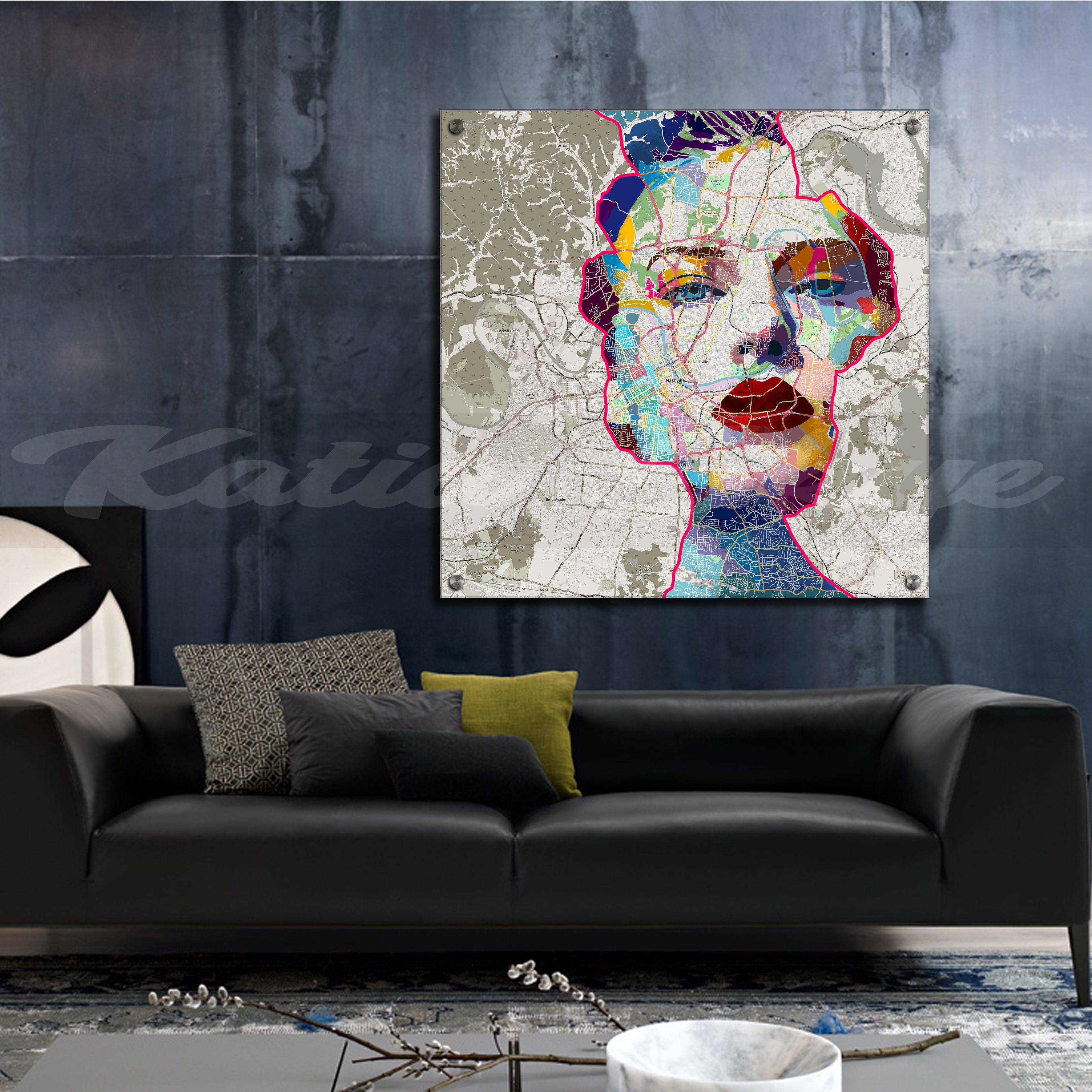 Abstract portrait of Taylor Swift over a map of Nashville, Tennessee – music-inspired art print for fans and collectors