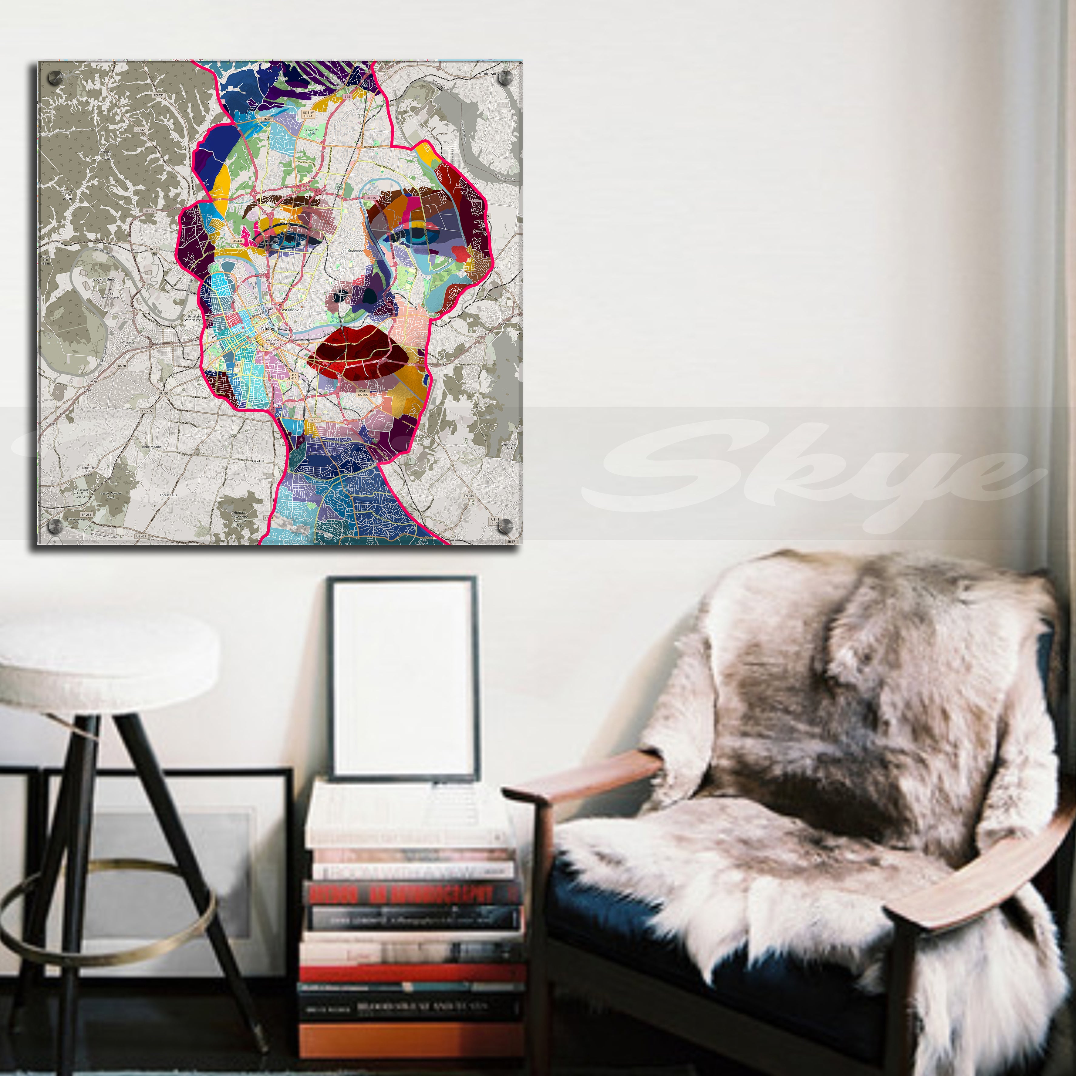 Abstract portrait of Taylor Swift over a map of Nashville, Tennessee – music-inspired art print for fans and collectors