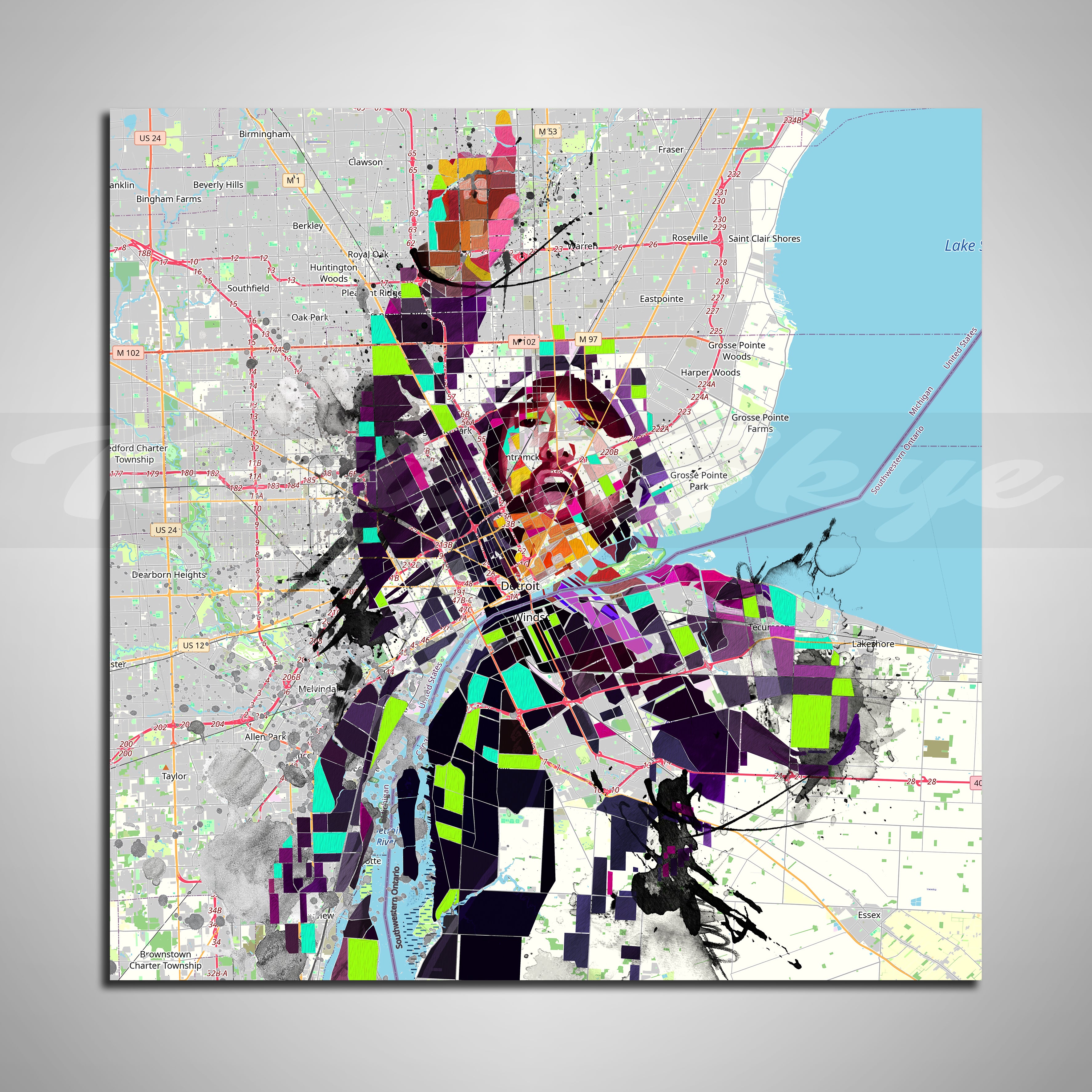 Abstract portrait of Eminem over a Detroit map – colorful hip-hop art print
