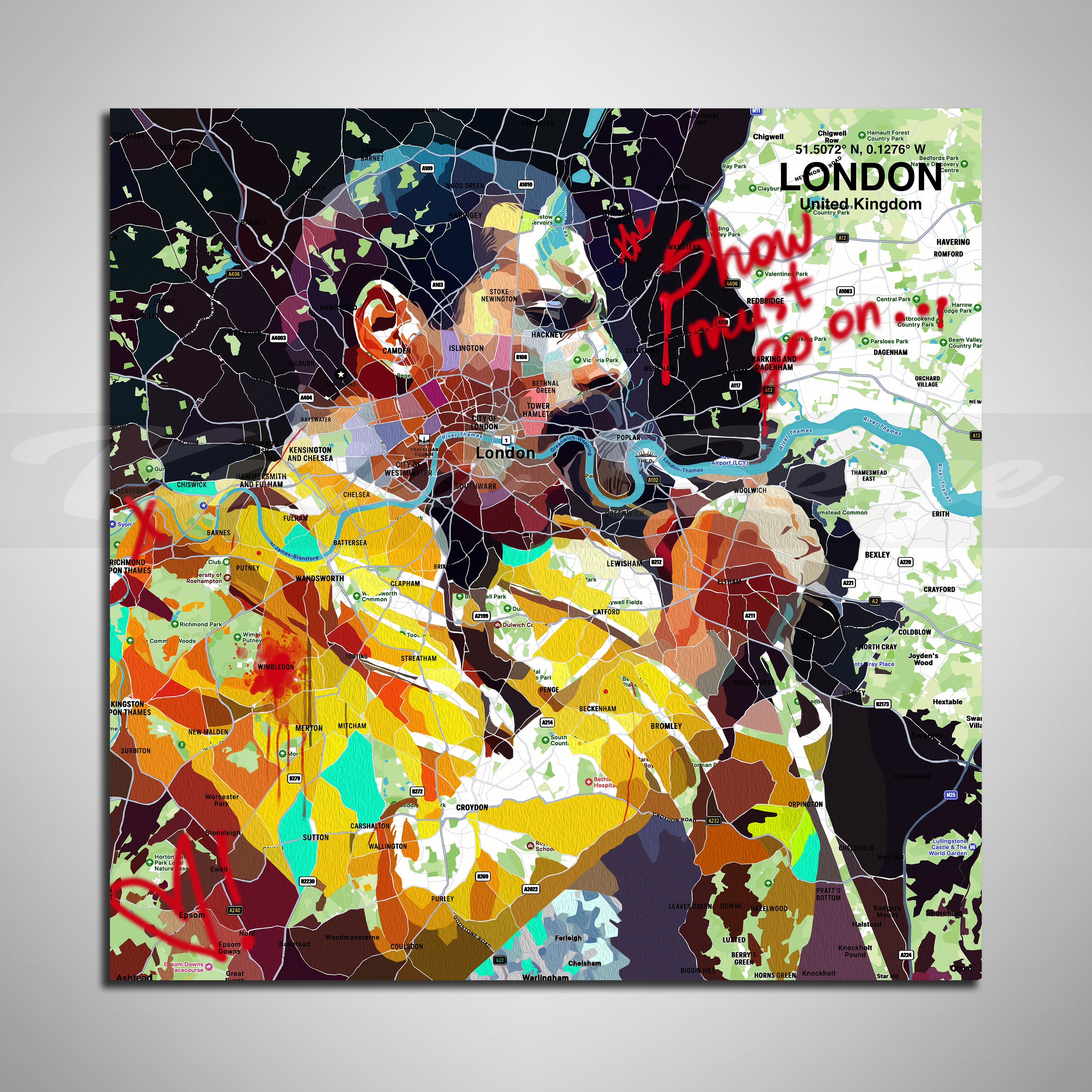 Colorful portrait of Freddie Mercury over a map of London