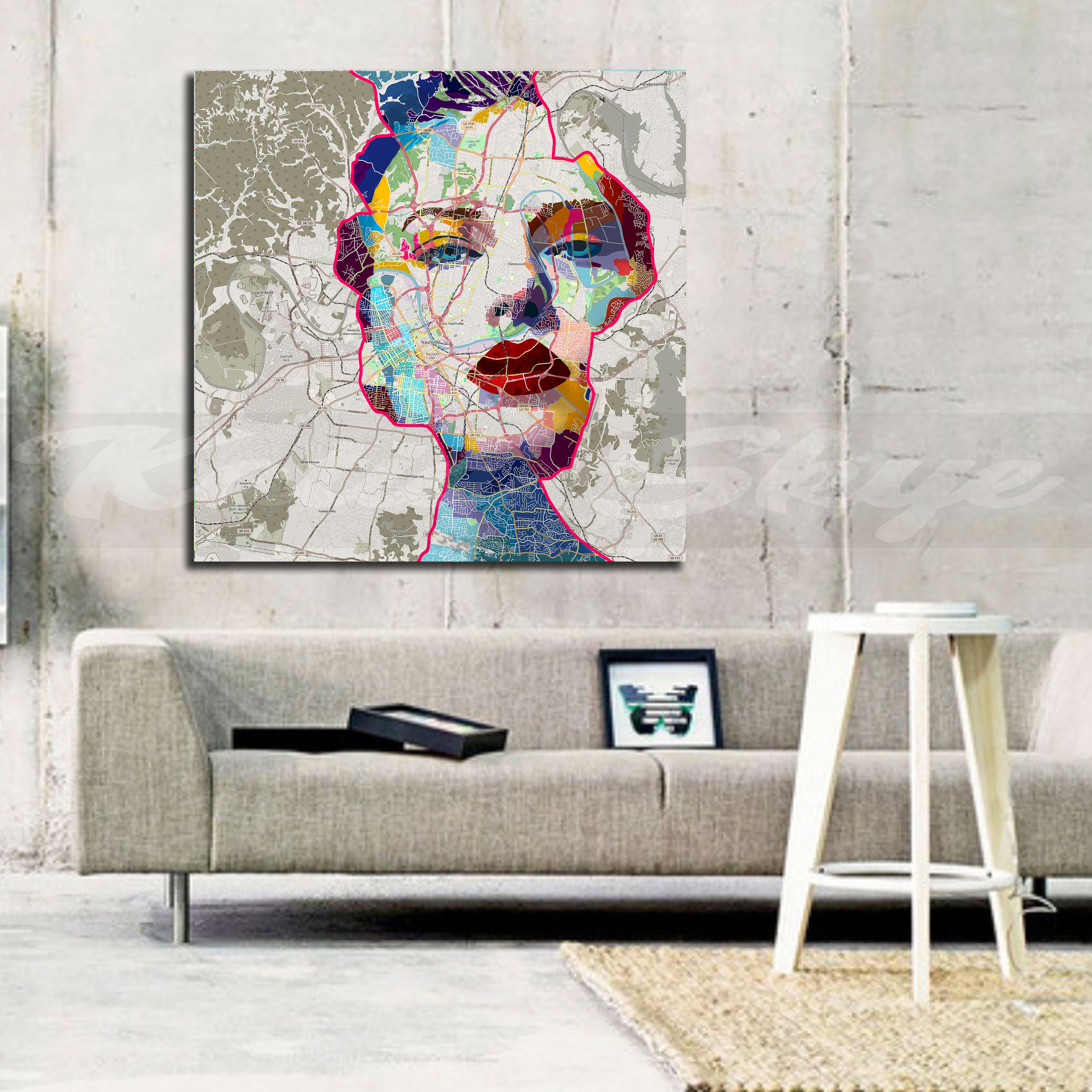 Abstract portrait of Taylor Swift over a map of Nashville, Tennessee – music-inspired art print for fans and collectors