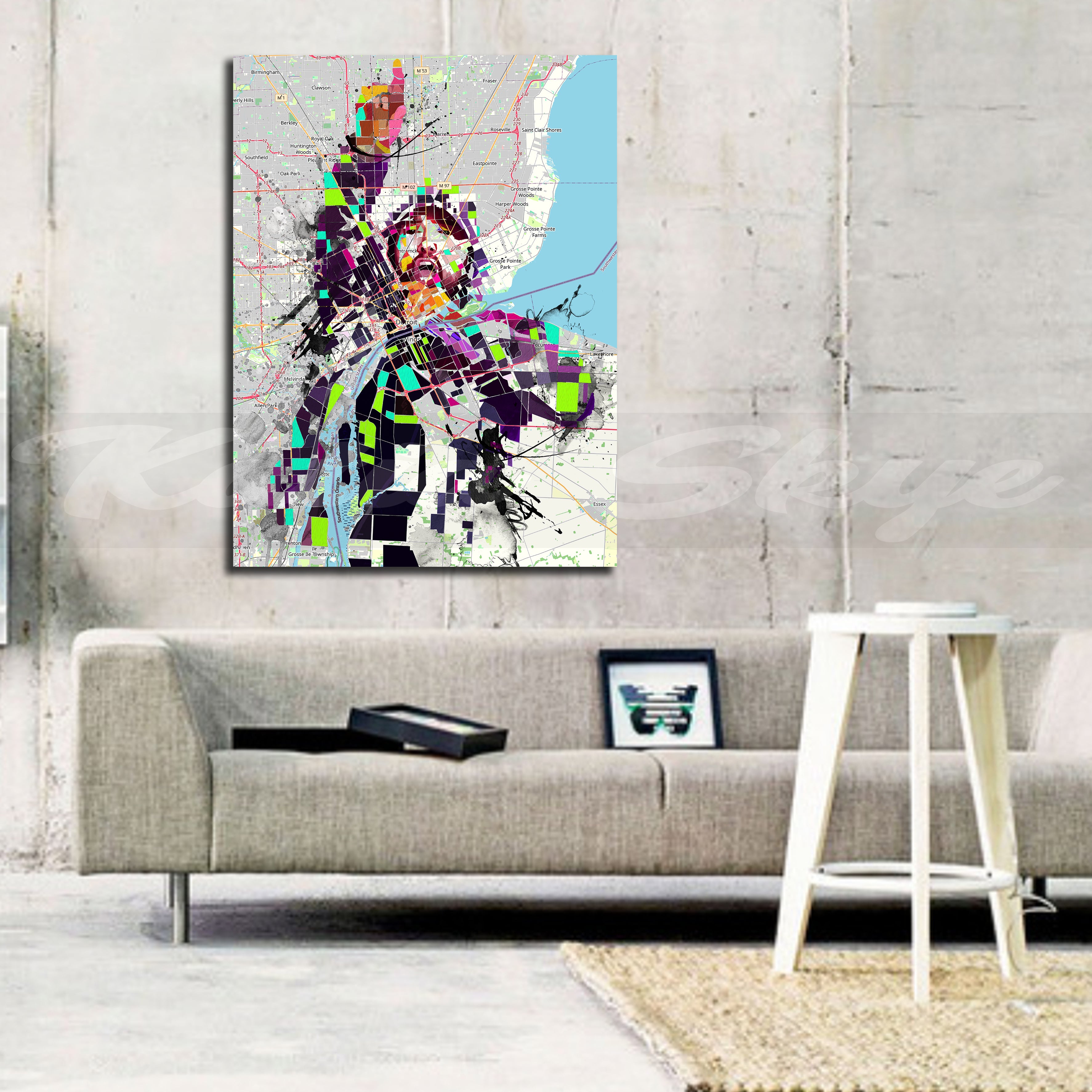 Abstract portrait of Eminem over a Detroit map – colorful hip-hop art print