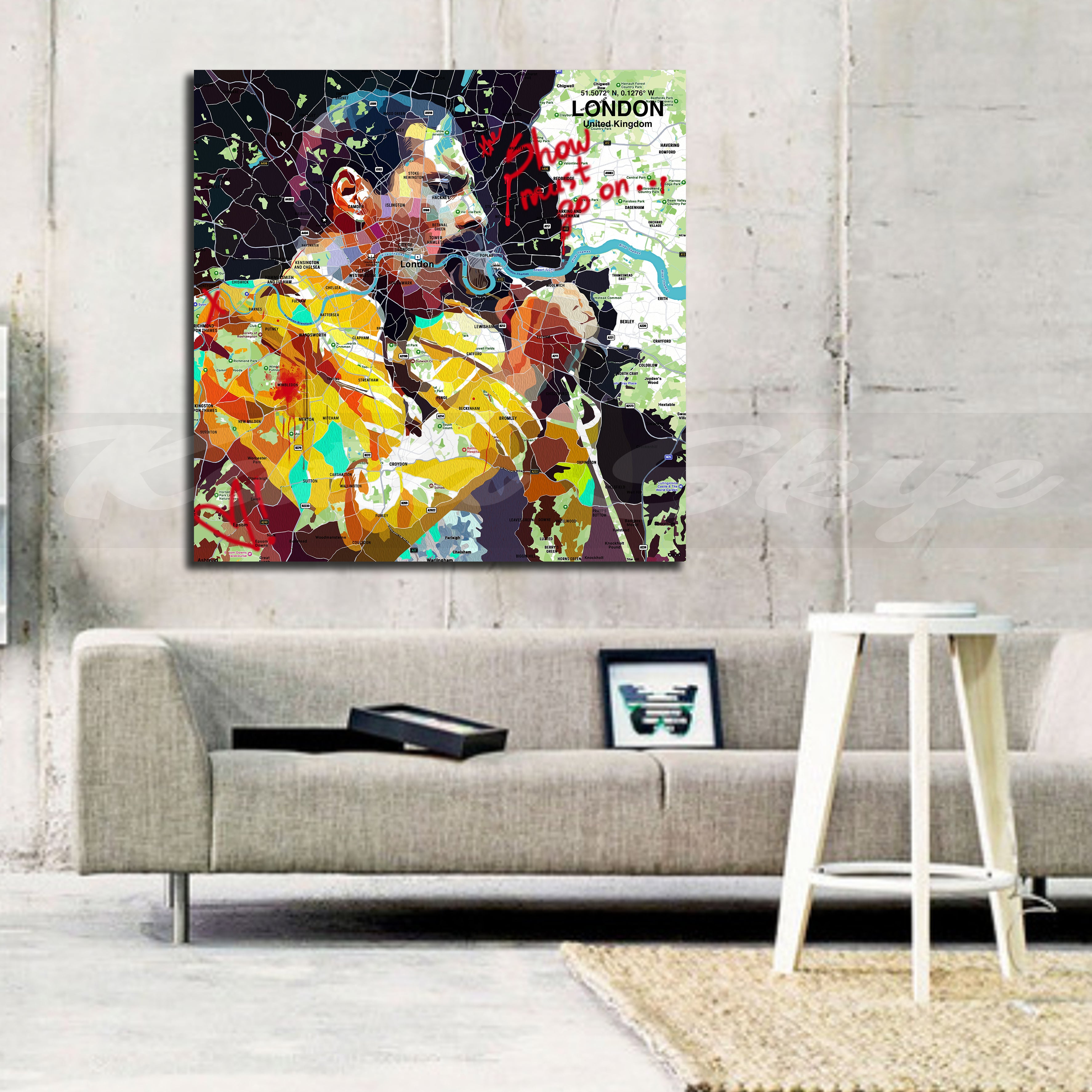 Colorful portrait of Freddie Mercury over a map of London