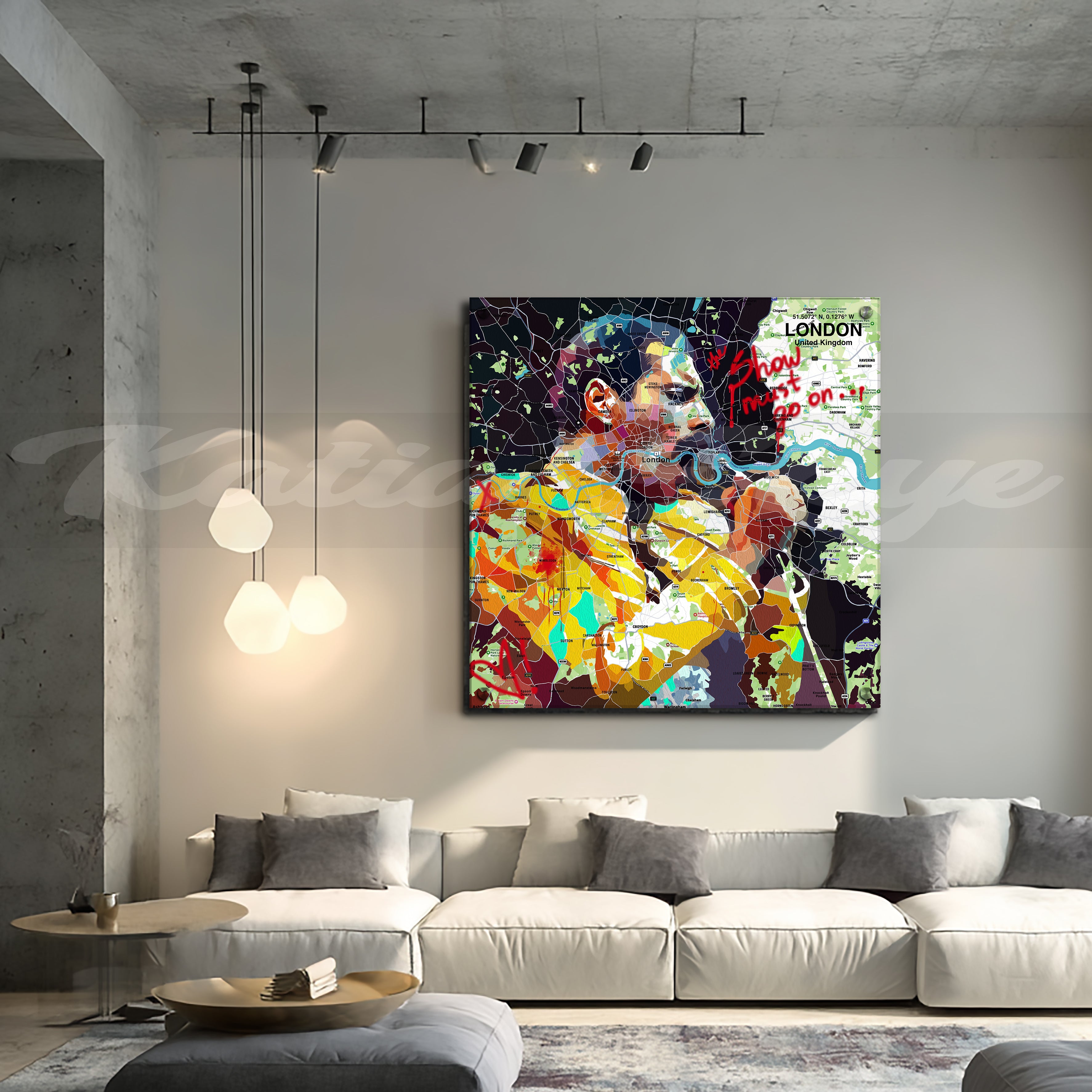 Colorful portrait of Freddie Mercury over a map of London