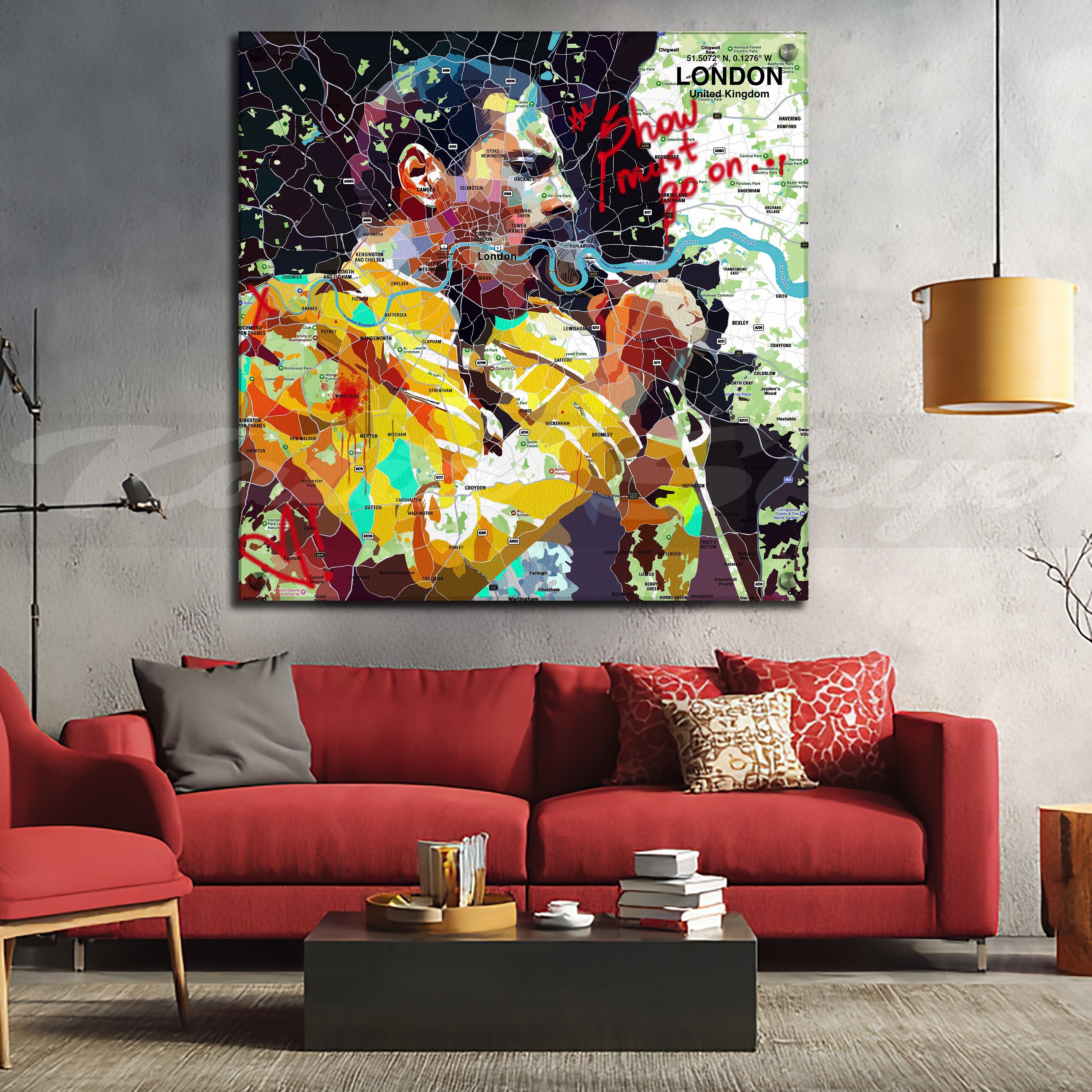 Colorful portrait of Freddie Mercury over a map of London