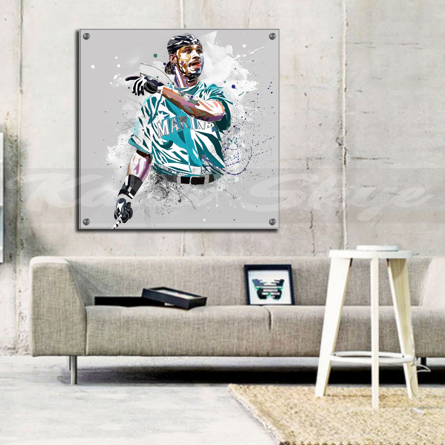 Abstract painting of Ken Griffey JR on a wall above a sofa in a living room.