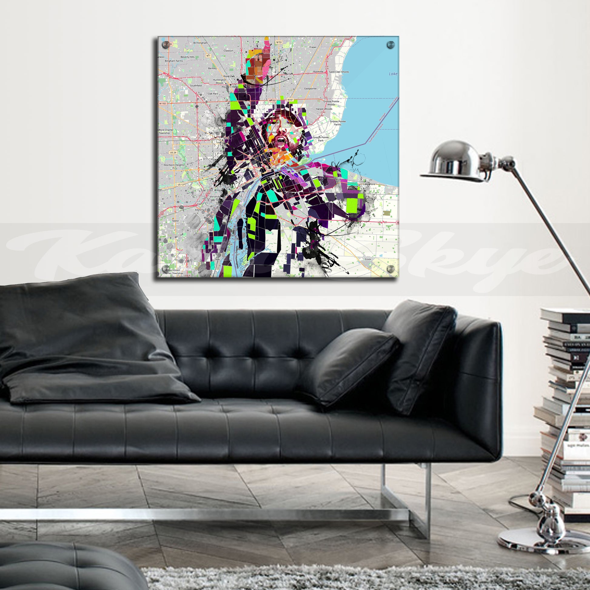 Abstract portrait of Eminem over a Detroit map – colorful hip-hop art print
