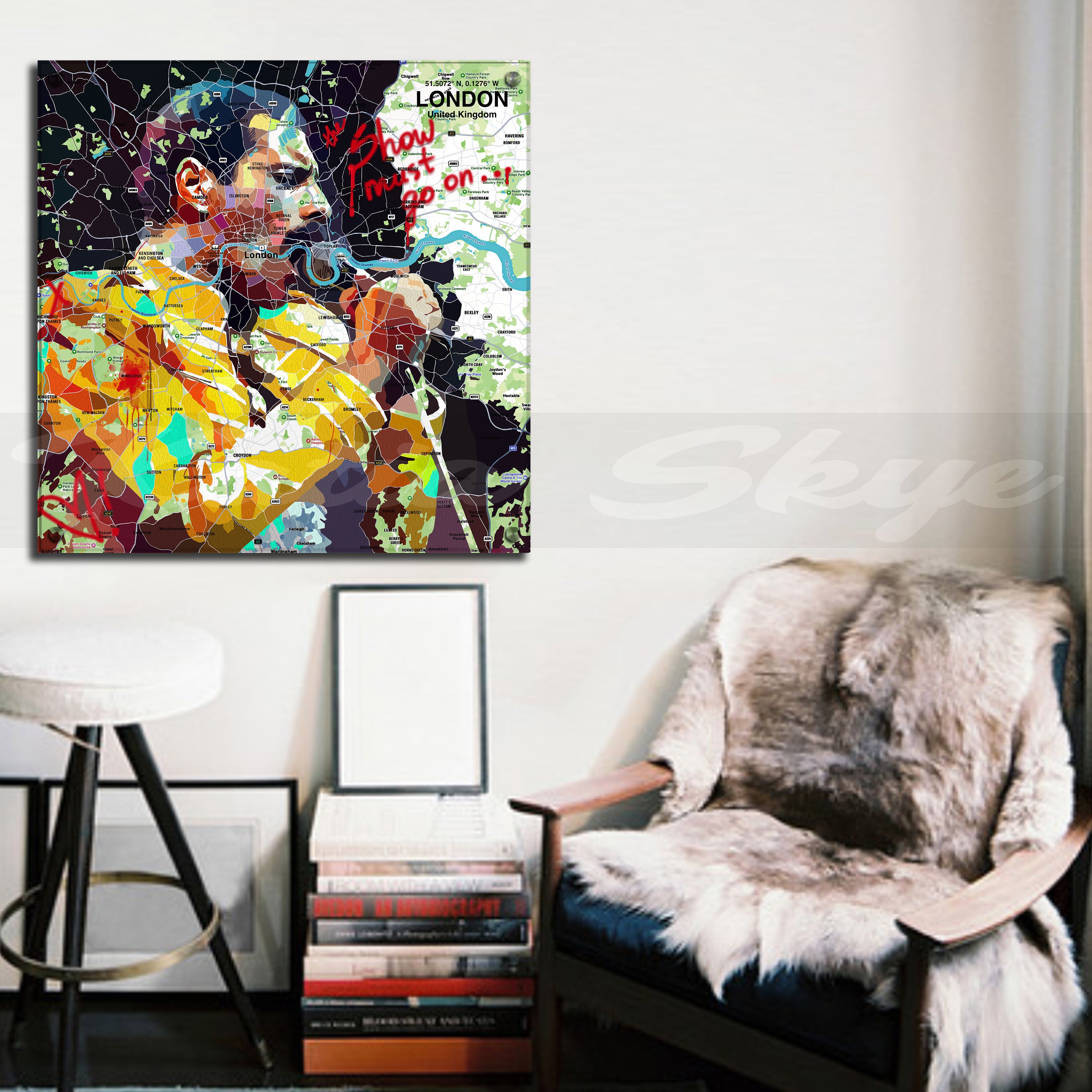 Colorful portrait of Freddie Mercury over a map of London