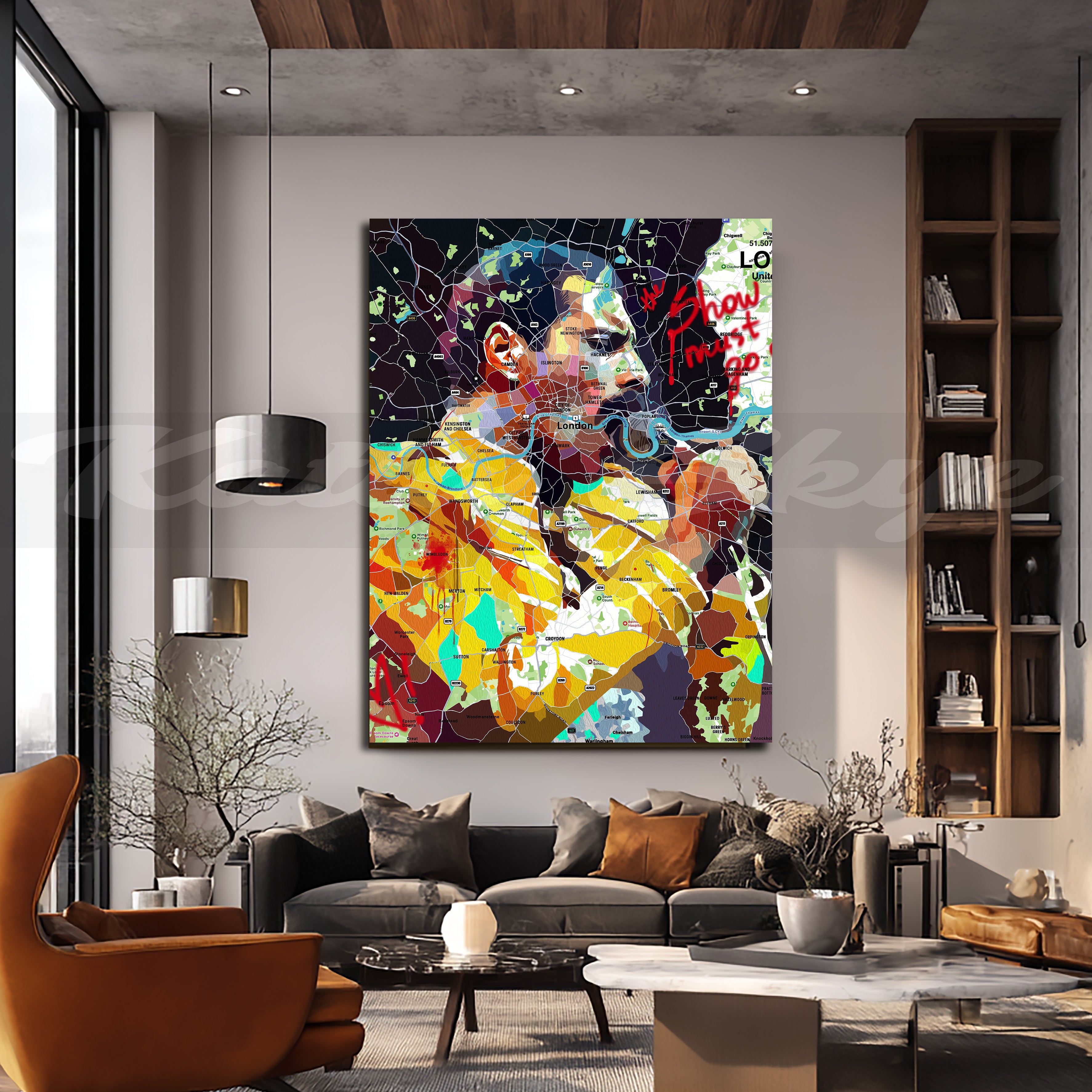 Colorful portrait of Freddie Mercury over a map of London