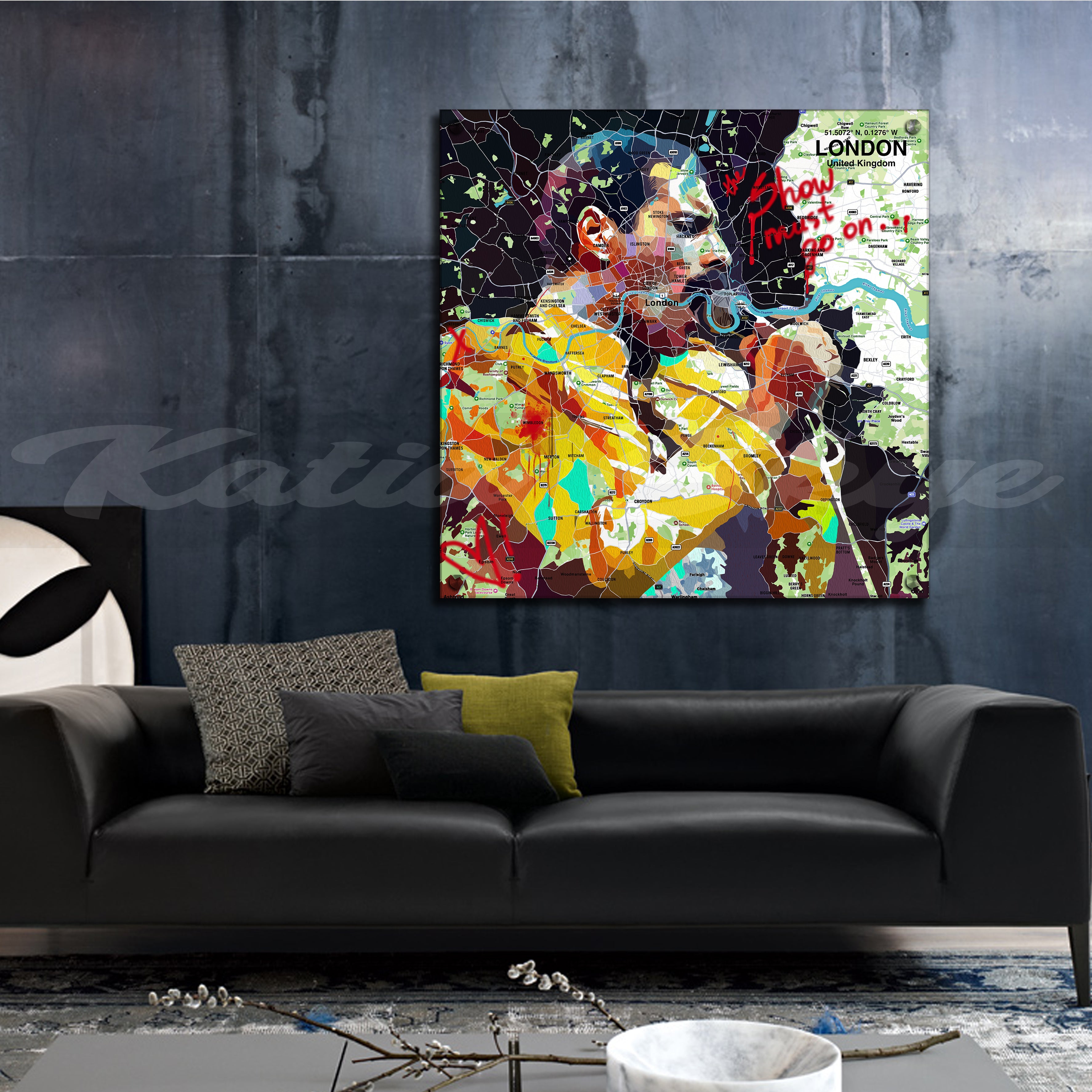 Colorful portrait of Freddie Mercury over a map of London