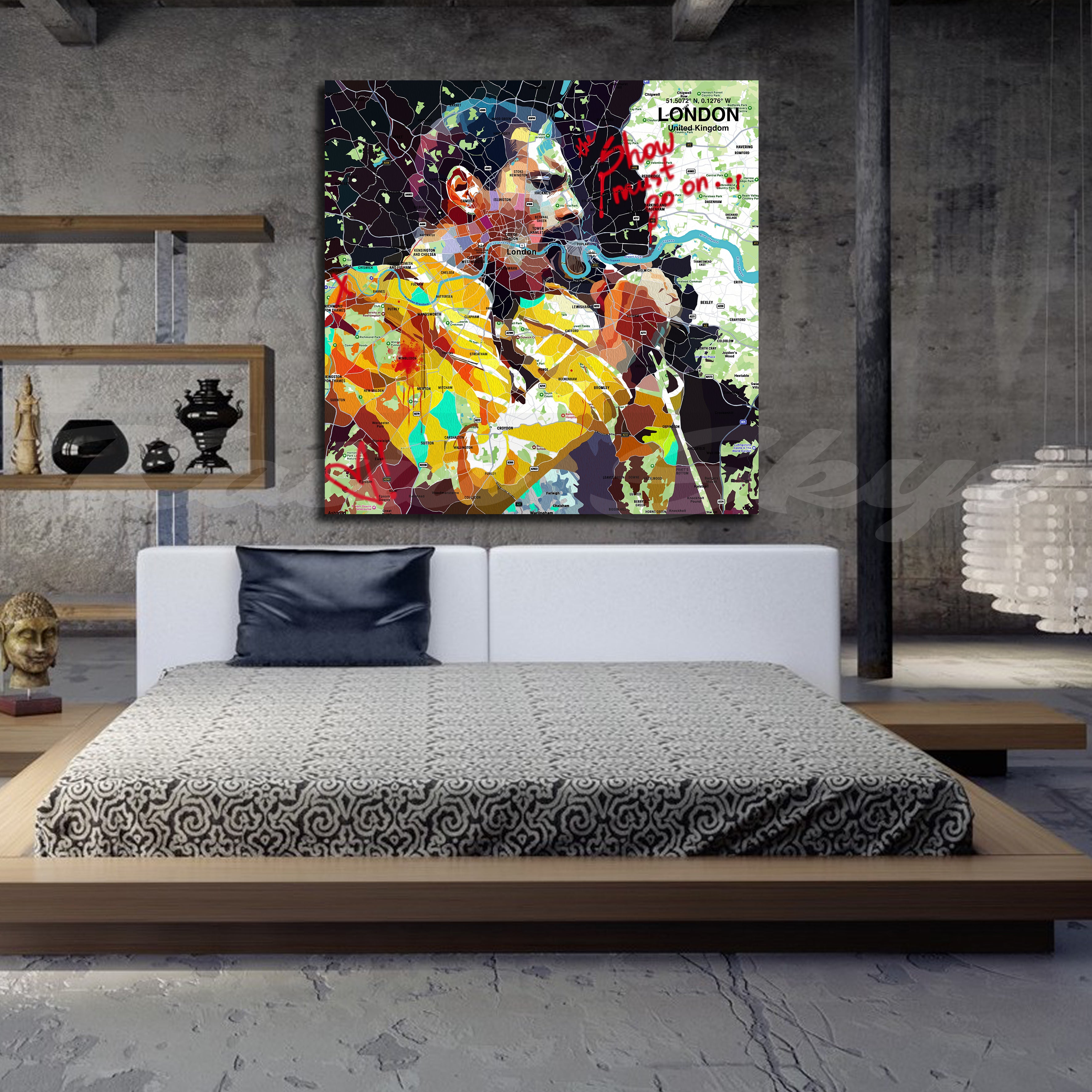 Colorful portrait of Freddie Mercury over a map of London