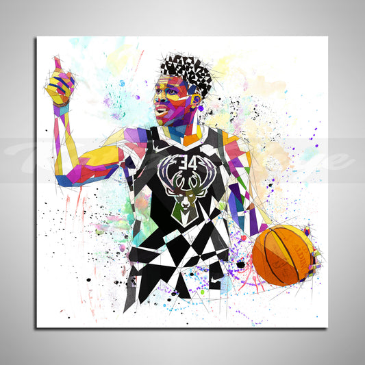 Colorful abstract art of a basketball player Giannis Antetokounmpo with a basketball on a white background