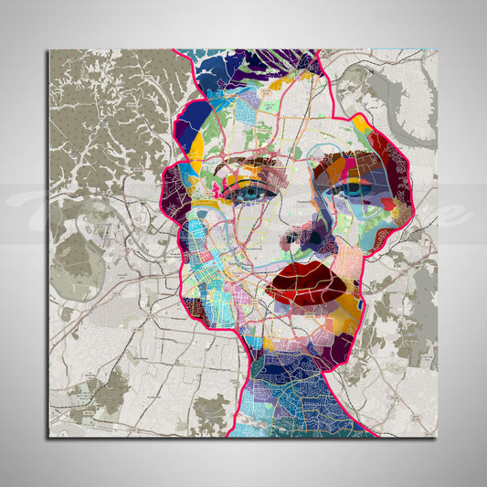 Abstract portrait of Taylor Swift over a map of Nashville, Tennessee – music-inspired art print for fans and collectors