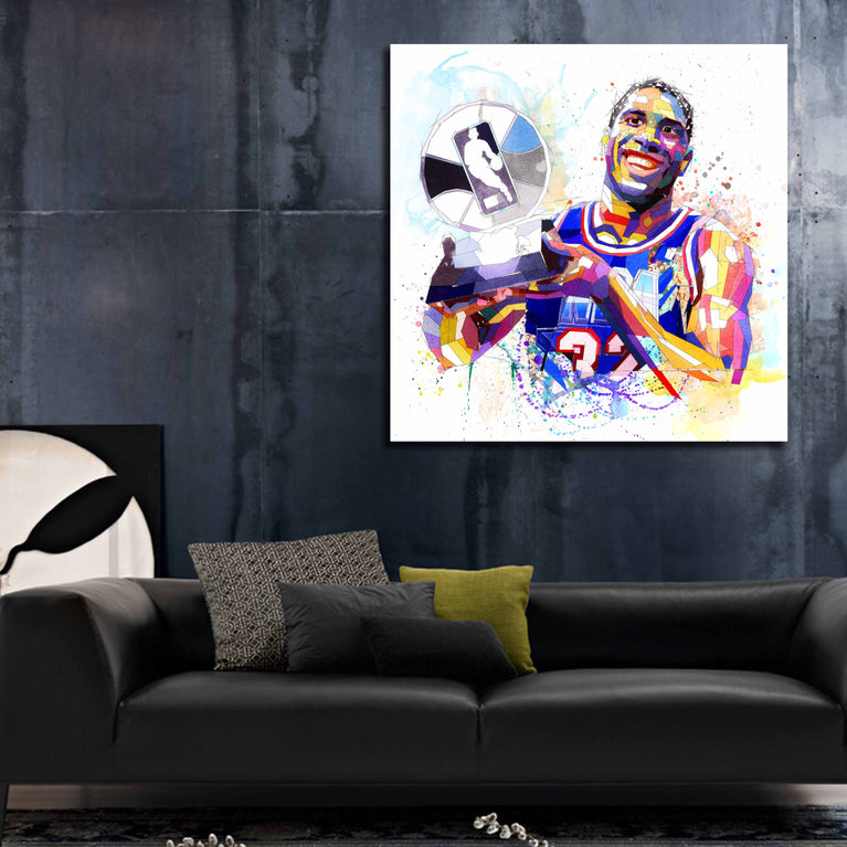 CANVAS PRINT Magic Johnson Poster Basketball Gift,  Watercolor, Contemporary Abstract Drawing