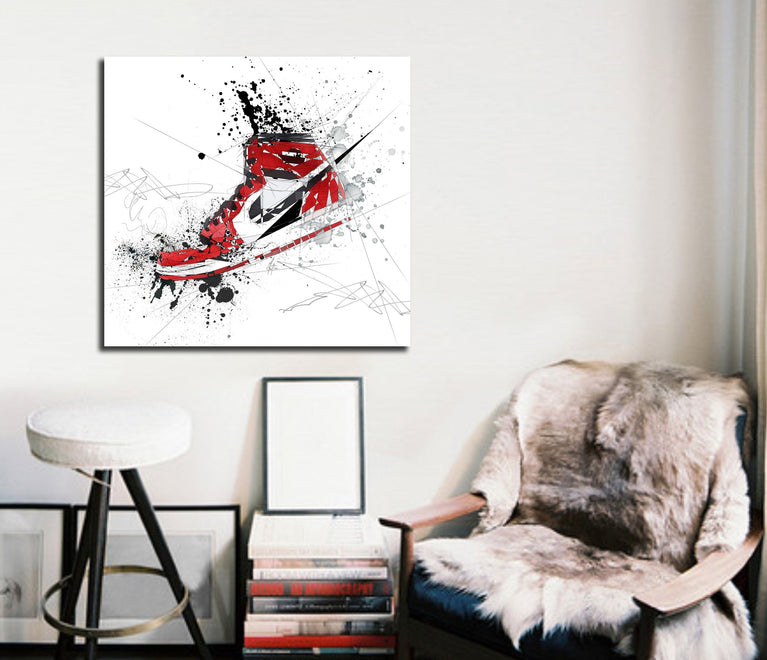 Canvas Print Air Jordans Red Basketball Shoes Wall Art, Sports Illustration Poster, Contemporary Abstract Watercolor Modern Art SNK-AJ02