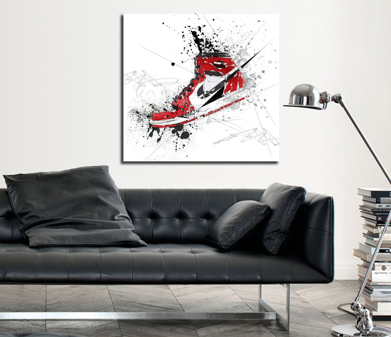 Canvas Print Air Jordans Red Basketball Shoes Wall Art, Sports Illustration Poster, Contemporary Abstract Watercolor Modern Art SNK-AJ02