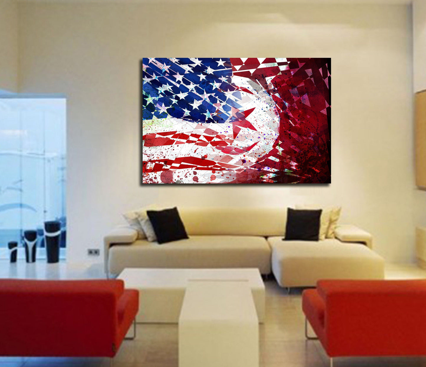 Canvas Print American Tunisia Flag Poster, Patriotic African American Wall Art, Abstract Watercolor Drawing OTH-FL01