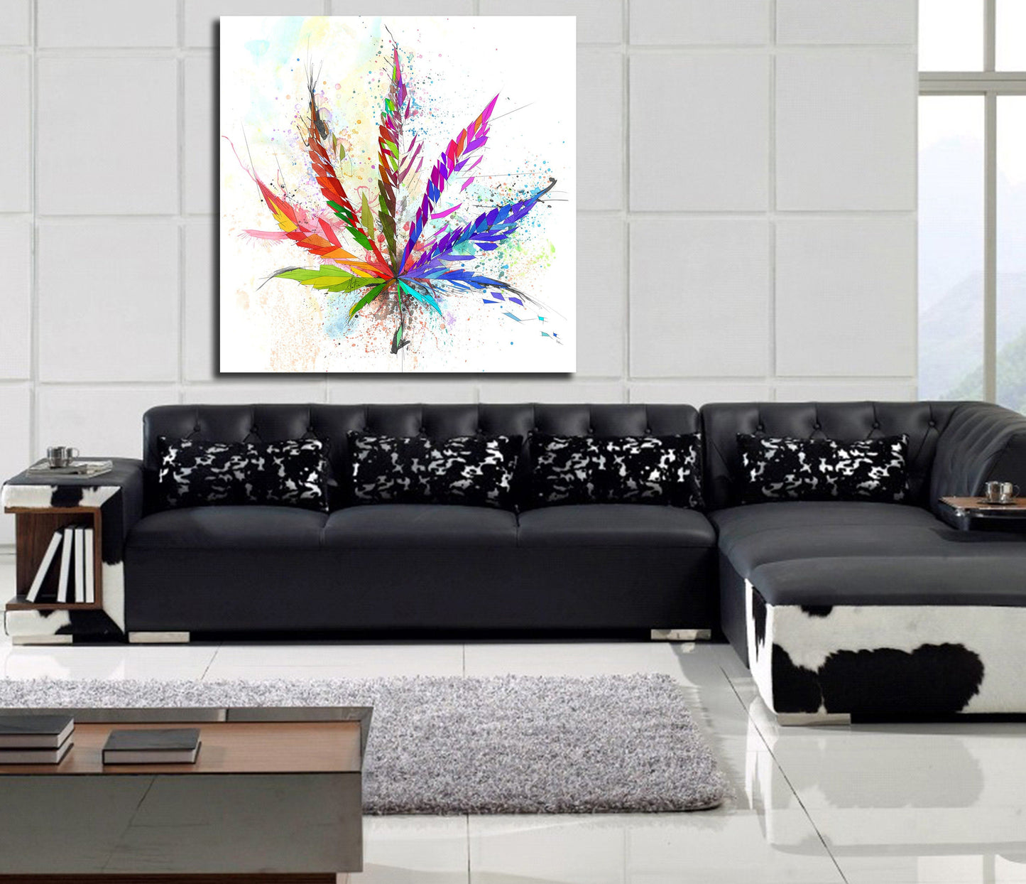Canvas Print Cbd Cannabis Leaf Art Print, Colorful Marijuana Art, Man Cave Decor, Contemporary Abstract Drawing OTH-CL01